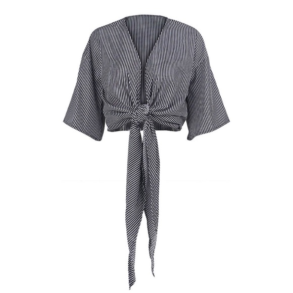 Striped Tie Front Short Sleeve Cropped Blouse - Picture 7 of 8